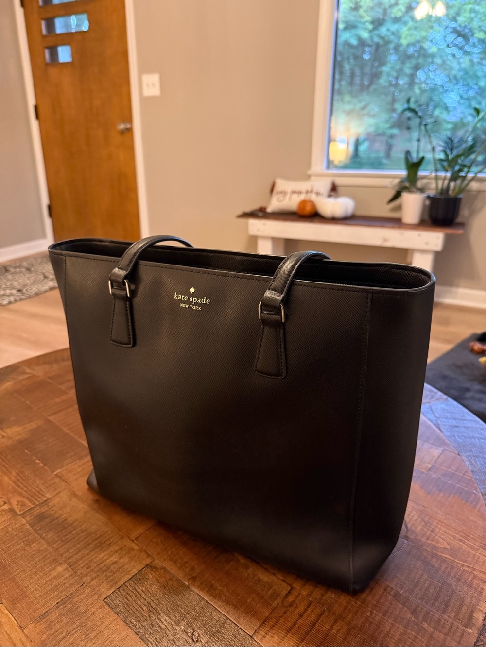 kate spade Black Leather Laptop Tote with Gold Logo
